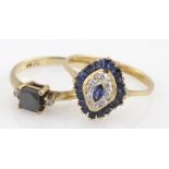 Two sapphire and diamond rings, one cluster and one three stone, weight 4.4g