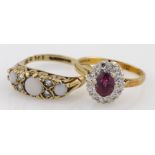 18ct gold rubelite and diamond cluster ring and 9ct opal and diamond ring, weight 6.0g