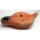 North African Roman Red Ware Lamp. C, 4th-5th century AD. Central discus decorated with the XP Chi-