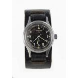 Military issue stainless steel gents wristwatch by Hamilton. The black dial with Arabic numerals and