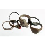 Six Mixed Ancient Bronze Rings. C, 1st-17th century. Various styles including a Medieval ring set