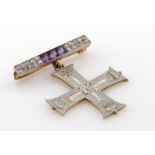 Gold Military Cross Brooch on a Diamond and Amethyst set suspender weight 6.2g