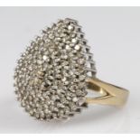 Large 9ct gold diamond pear shaped cluster ring, finger size L, weight 6.6g