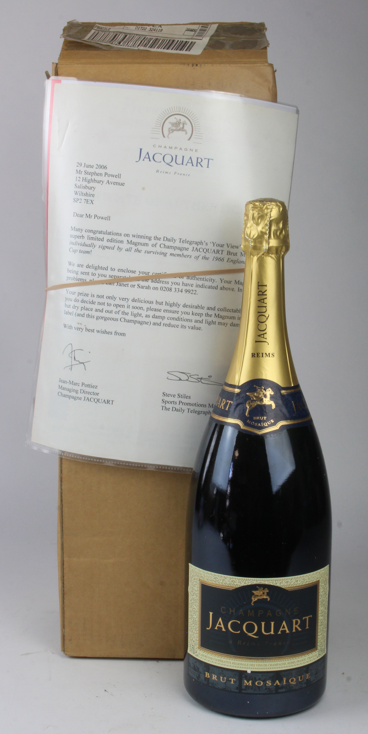 Jacquart Brut Mosaique champagne, with a '1966 World Cup Champions' label to reverse signed by ten