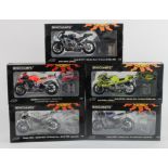Minichamps. Five 1:12 scale motorbike / motorcycle models, comprising Honda RC 211V 'Valentino Rossi