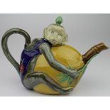 Minton majolica monkey teapot, impressed 'Minton' mark to base, handle & spout repaired, chip to the