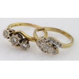 Two 18ct yellow gold diamond three stone crossover style rings, weight 6.8g