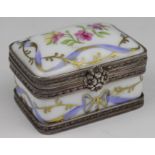 Limoges. A french trinket box by Limoges, with hallmarked silver mounts & hand painted floral