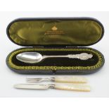 Victorian silver & mother of pearl fruit/child's knife and fork 1839 by George Unite, handles are