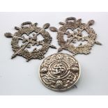 Two silver Druid (?) neck badges, hallmarked 'WP, London 1861', 60mm x 60mm, weight 49g approx.,