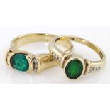 Two 9ct yellow gold green paste and diamond rings, weight 7.6g