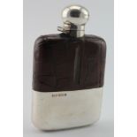Silver, glass & leather spirit flask hallmarked on screw top and detachable base JD&S Sheffield,