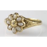 Yellow metal (tests 15ct) Seed Pearl set Ring size M weight 1.7g