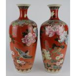 Pair of large Japanese vases, with lovely hand painted floral and bird decoration, marks to base,