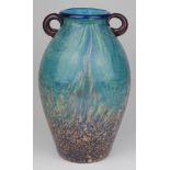Blue twin handled glass vase, with gilt decoration