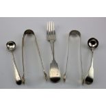 Mixed lot of Georgian silver items comprising two pairs of sugar tongs, two condiment spoons and a