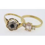 18ct yellow gold morganite and diamond three stone ring, and 18ct sapphire and diamond cluster ring.