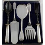German 750 grade silver, boxed five piece serving set - two of the items have silver handles and