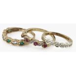 Three 9ct half eternity rings to include diamond band, ruby band and emerald and cz band, weight 6.