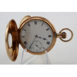 Gents 9ct cased half hunter pocket watch. The white dial with black roman numerals and subsidiary