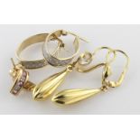 Three pairs of 9ct yellow gold earrings to include hoops, drops and studs, weight 8.4g