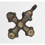 Viking Enamelled Bronze Cross. C, 1200 AD. Double sided cross with panels of white enamel. Some