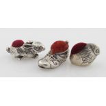Silver pin cushions, comprising chick, hare & boot, boot hallmarked 'London 1995', others stamped