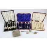 Silver. A collection of hallmarked silver items (mostly spoons), including a six teaspoons & sugar