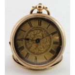 Ladies 14ct cased fob watch, the gilt dial with black roman numerals and foliage decoration.