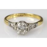 18ct and platinum ring set with cushion shaped old cut diamond approx. 0.70ct, finger size L, weight