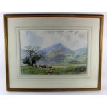 Stanton (Phillip). Watercolour, depicting a landscape of sheep with mountains in the background (