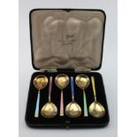 Boxed set of six silver & enamel teaspoons by Walker & Hall hallmarked for Birmingham, 1937.