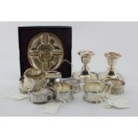 Mixed Silver. comprising napkin rings, small pair of candlesticks (weighted bases), Bank of