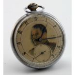 Gents stainless steel cased Russian open face pocket watch with the dial depicting an image of