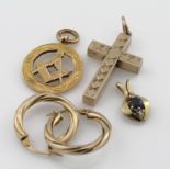 Three 9ct pendants to include hollow cross, Masonic pendant and sapphire pendant, and 9ct hoop