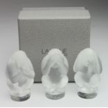 Lalique. Three Lalique frosted crystal models of seated monkeys in various poses, height, one