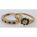 Two 9ct yellow gold sapphire and diamond rings, weight 6.2g