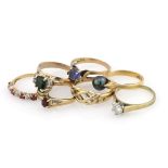 Seven ladies 9ct dress rings, total weight 15.3g