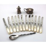 Twelve silver fruit knives with mother of pearl handles, all hallmarked 'W. T., Sheffield 1926' (