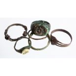 Six Mixed Ancient Bronze Rings. C, 1st-17th century. Various styles including a Roman intaglio