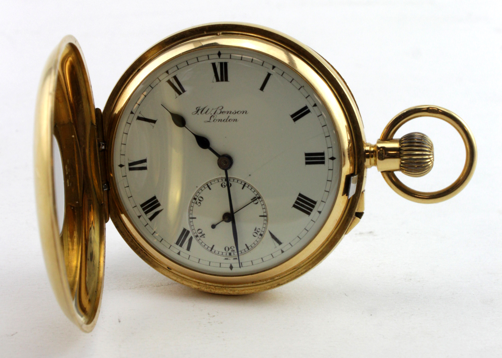 Gents 18ct cased half hunter pocket watch by Benson. Hallmarked London 1925. The white dial with