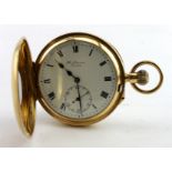 Gents 18ct cased half hunter pocket watch by Benson. Hallmarked London 1925. The white dial with