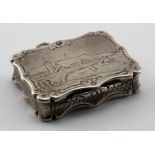 Silver snuff box, hallmarked Birmingham 1847 by Nathaniel Mills, the lid dipicting a river scene.