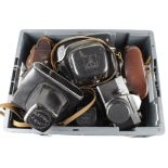 Cameras. Ten vintage cameras, including Ensign 220 Auto Range, Fujica ST605N, Zenit 3M, Zeiss Ikon