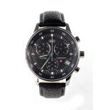 Gents military style MWC chronograph quartz wristwatch, the black dial with three subsidiary dials