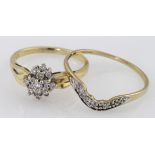 Two 9ct yellow gold diamond set rings, weight 3.3g