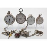 Four silver cased pocket watches, various sizes along with chains, fob, key etc.