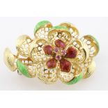 18ct Gold Enamelled Floral brooch weight 12.7g