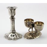 Victorian miniature silver candlestick hallmarked WRS (W.R. Smily,) London, 1853 and a German (