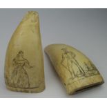 Scrimshaw. Two 19th Century carved whales teeth, depicting a sailor with tall ship in background,